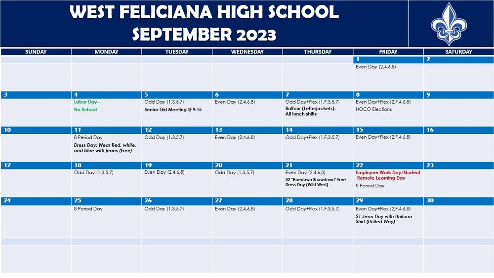 WFHS September 2023 Calendar