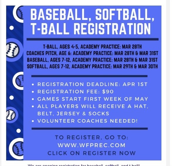 Register for softball or baseball at wfprec.com